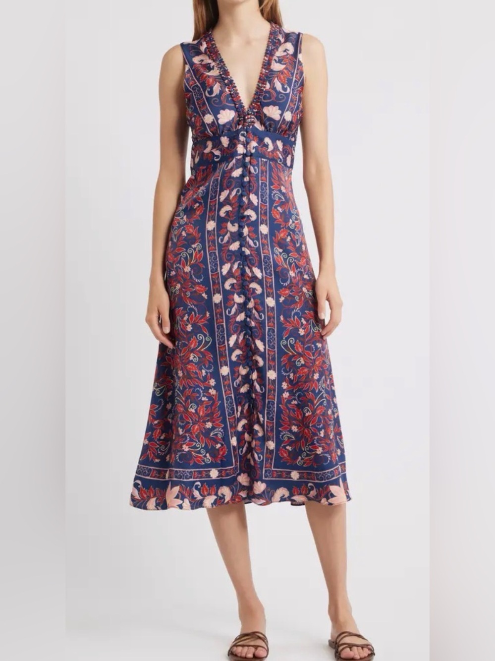 Farm Rio Floral V-Neck Midi Dress in Navy and Red, NWT, Small